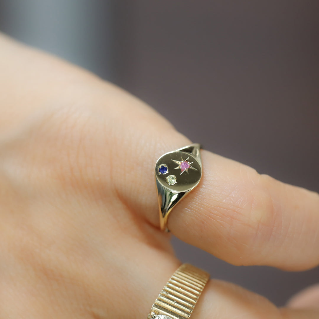 Classic Circle Signet Ring – Customized Compass Birthstone 14K Solid Gold Band