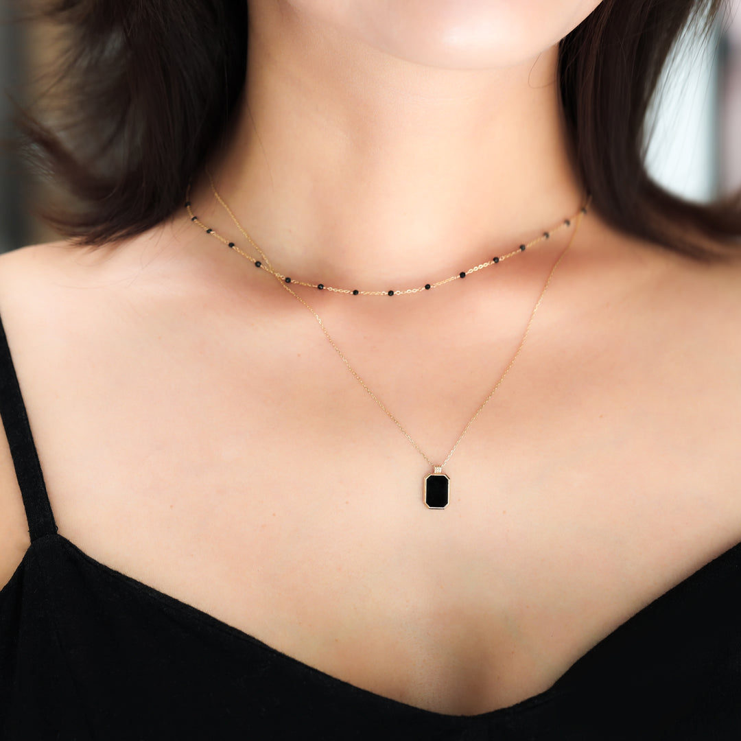 Gold Natural Black Onyx Pendant Necklace - Engravable Back