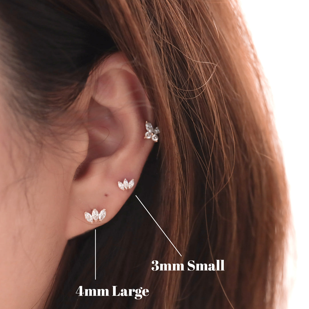 Crown Shape 3 Marquise Cut Lab Diamonds 14K Solid Gold Earrings Studs (Single or Pair) - Small
