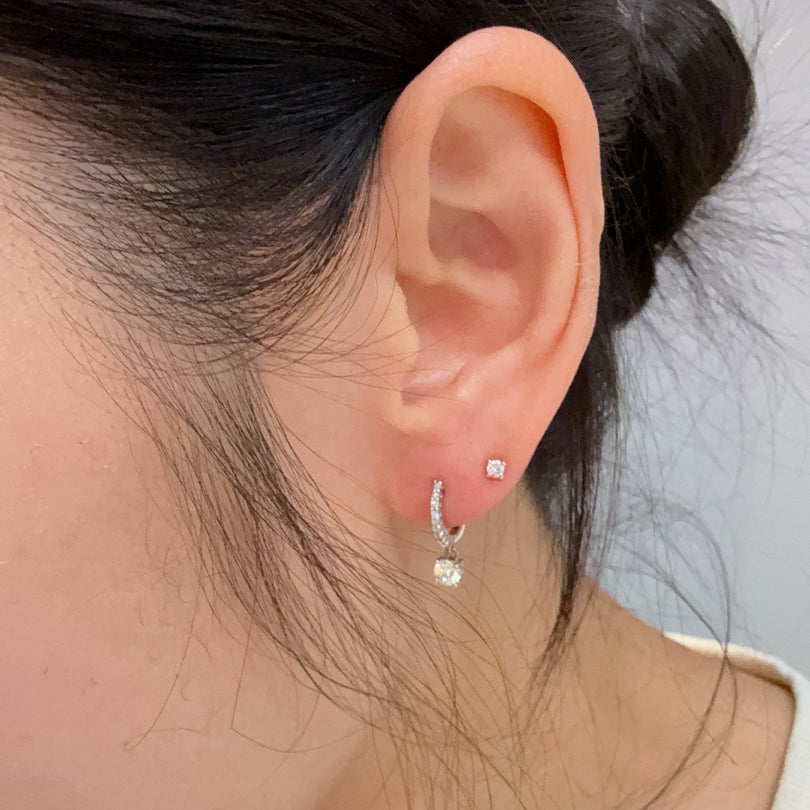 Dangling Drop Diamond Huggie Hoop Earrings – 11mm Diamond Hoops with Dangle Charm, Single or Pair