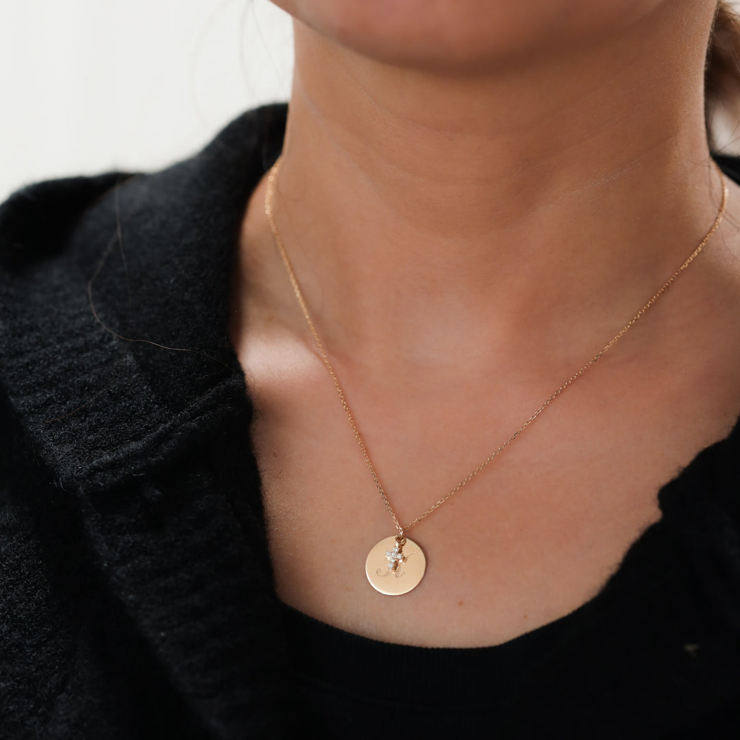 14K Coin Custom Charm Initial Disk Layering Necklace with Lab Diamond Cross Accent