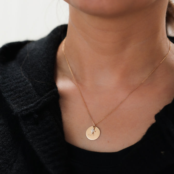 14K Coin Custom Charm Initial Disk Layering Necklace with Lab Diamond Cross Accent