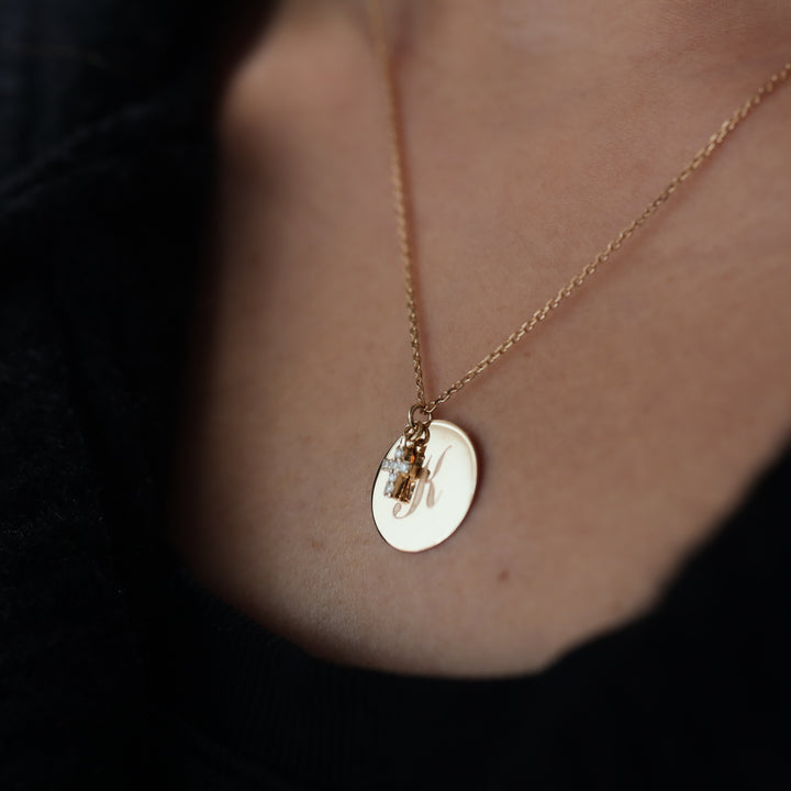 14K Coin Custom Charm Initial Disk Layering Necklace with Lab Diamond Cross Accent