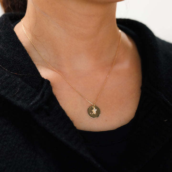 14K Coin Custom Charm Initial Disk Layering Necklace with Lab Diamond Cross Accent