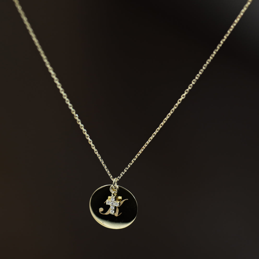14K Coin Custom Charm Initial Disk Layering Necklace with Lab Diamond Cross Accent