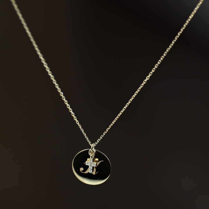 14K Coin Custom Charm Initial Disk Layering Necklace with Lab Diamond Cross Accent