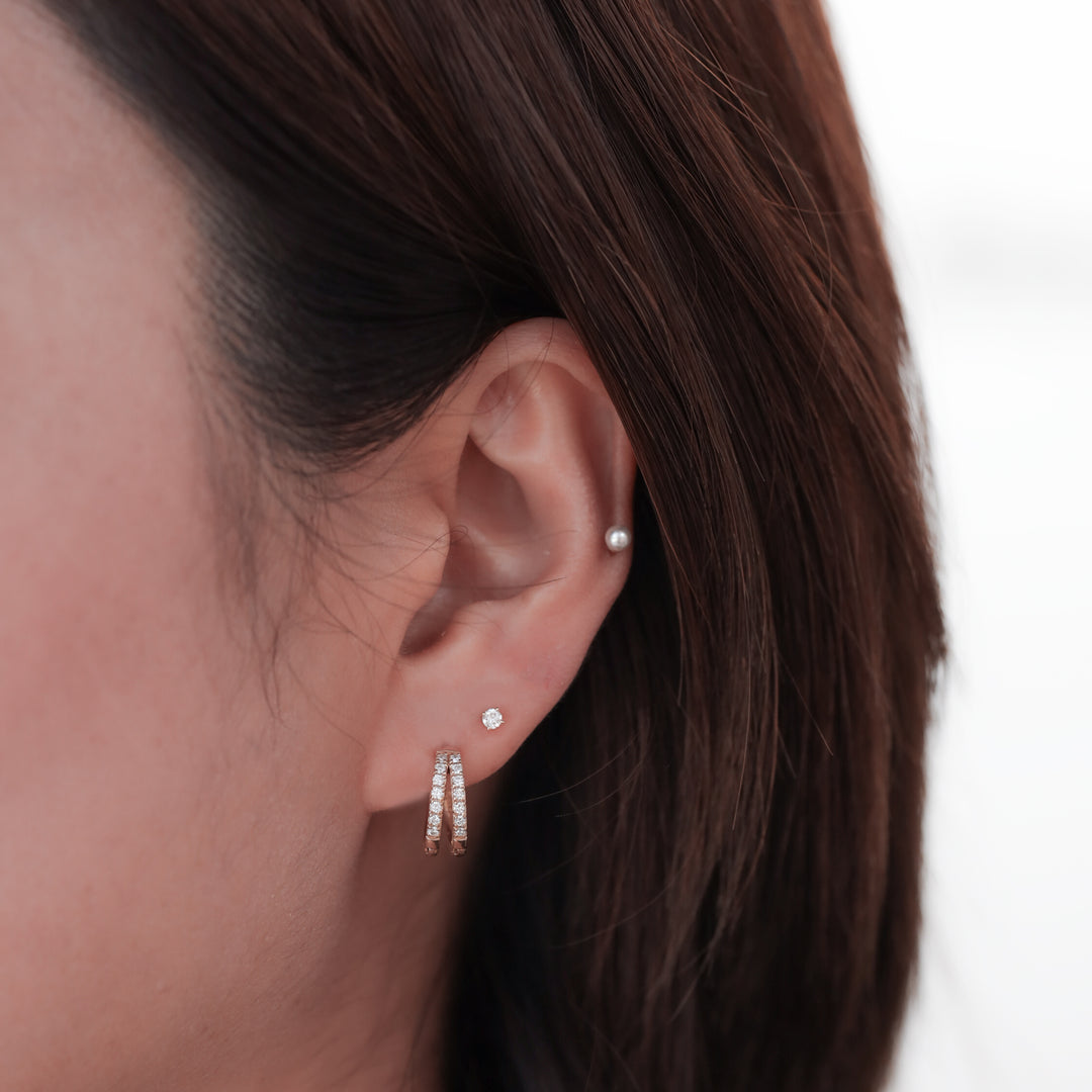 Double Arc with Double Lab Diamonds Accent Huggie Earrings – 14K Solid Gold Dual Hoop