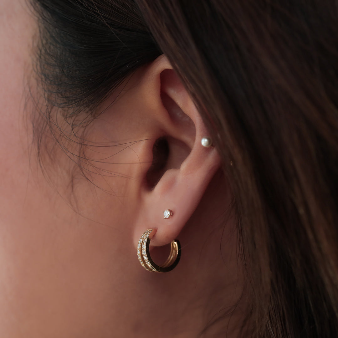 Double Arc with Double Lab Diamonds Accent Huggie Earrings – 14K Solid Gold Dual Hoop