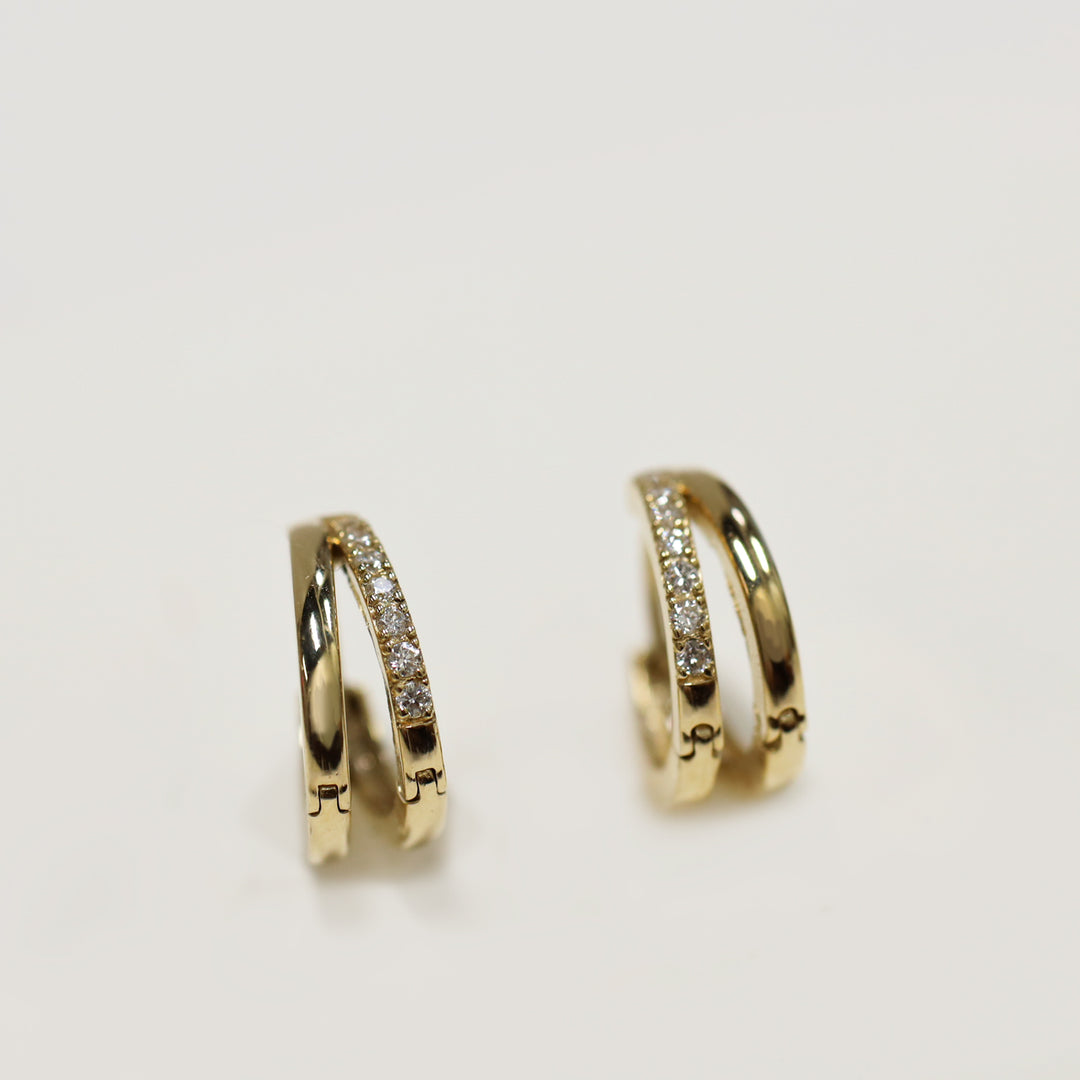 Double Arc with Lab Diamonds Accent Huggie Earrings – 14K Solid Gold Dual Hoop
