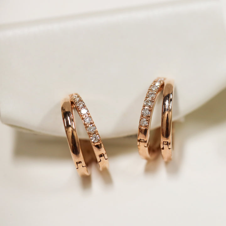 Double Arc with Lab Diamonds Accent Huggie Earrings – 14K Solid Gold Dual Hoop