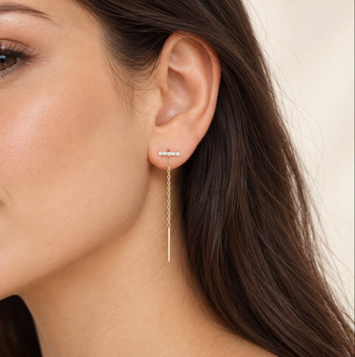 Diamond Bar Chain Drop Earring 14K Solid Gold - Single or Pair