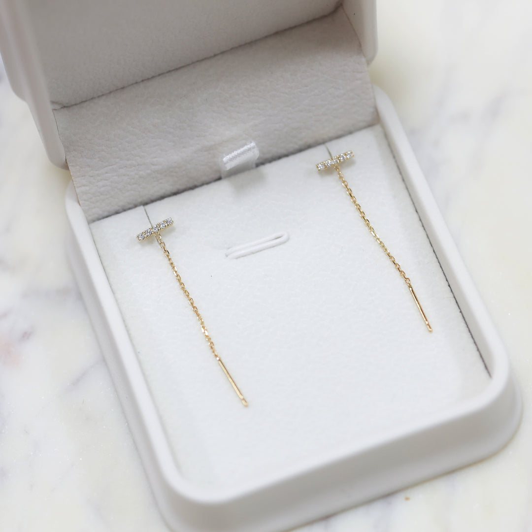 Diamond Bar Chain Drop Earring 14K Solid Gold - Single or Pair