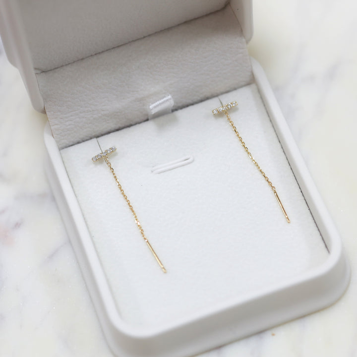 Diamond Bar Chain Drop Earring 14K Solid Gold - Single or Pair