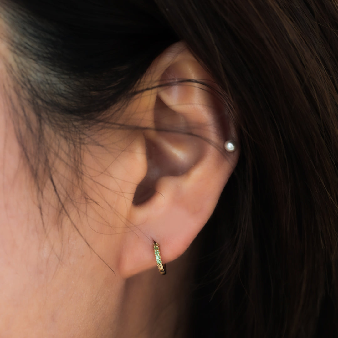 Emerald Enchantment Hoops Earrings in Solid 14K Gold / Green Glow Verdant Pavé Huggies