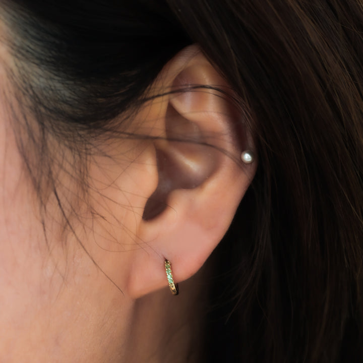 Emerald Enchantment Hoops Earrings in Solid 14K Gold / Green Glow Verdant Pavé Huggies