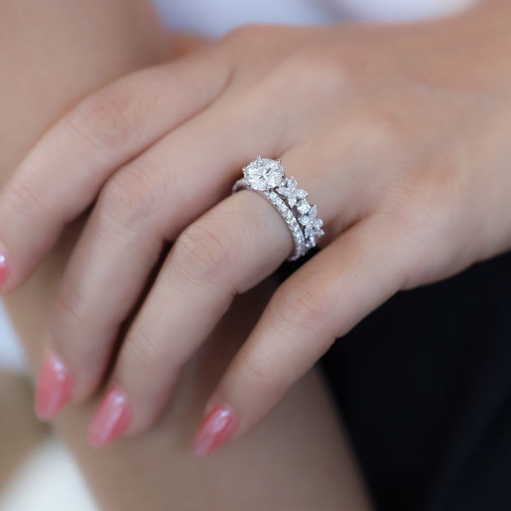 Flower Marquise & Round Diamond Full Half Eternity Engagement Ring Wedding Band 14K Solid Gold