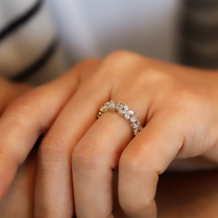 Flower Marquise & Round Diamond Full Half Eternity Engagement Ring Wedding Band 14K Solid Gold