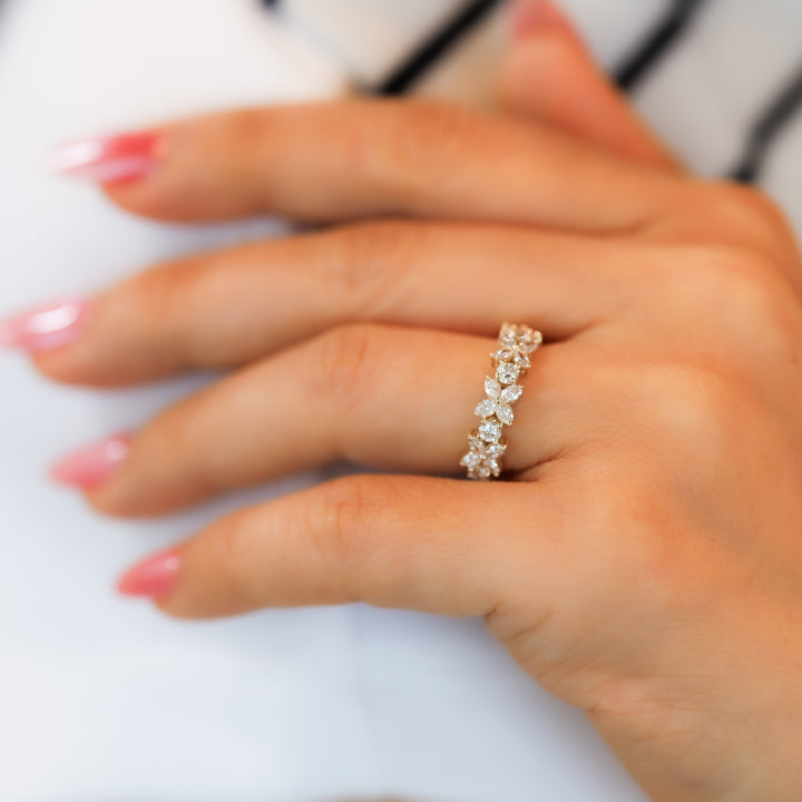 Flower Marquise & Round Diamond Full Half Eternity Engagement Ring Wedding Band 14K Solid Gold