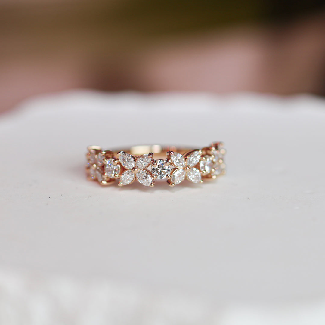 Flower Marquise & Round Diamond Full Half Eternity Engagement Ring Wedding Band 14K Solid Gold