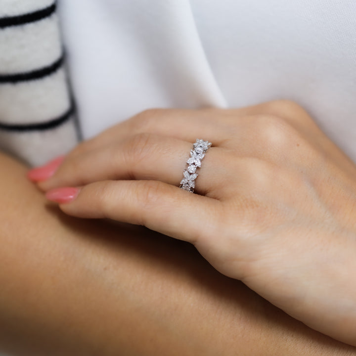 Flower Marquise & Round Diamond Full Half Eternity Engagement Ring Wedding Band 14K Solid Gold