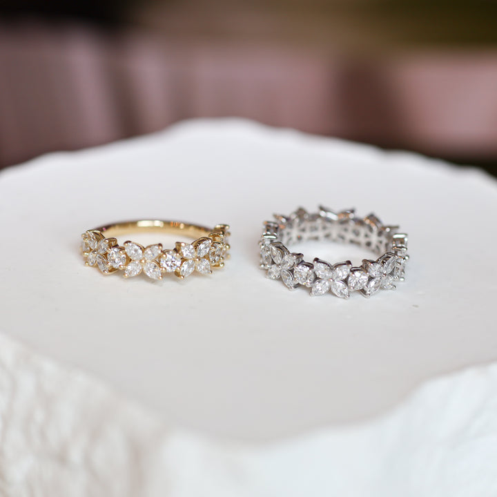 Flower Marquise & Round Diamond Full Half Eternity Engagement Ring Wedding Band 14K Solid Gold