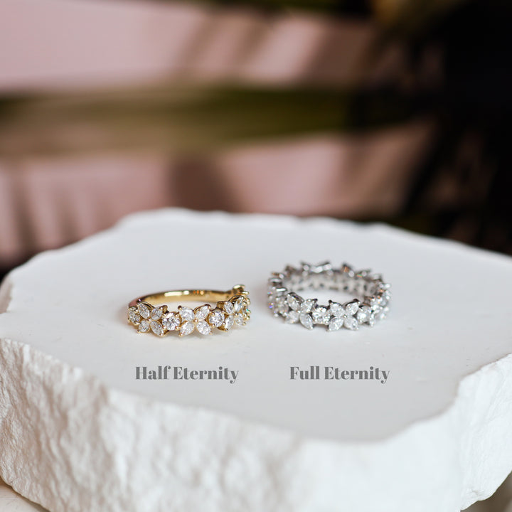 Flower Marquise & Round Diamond Full Half Eternity Engagement Ring Wedding Band 14K Solid Gold