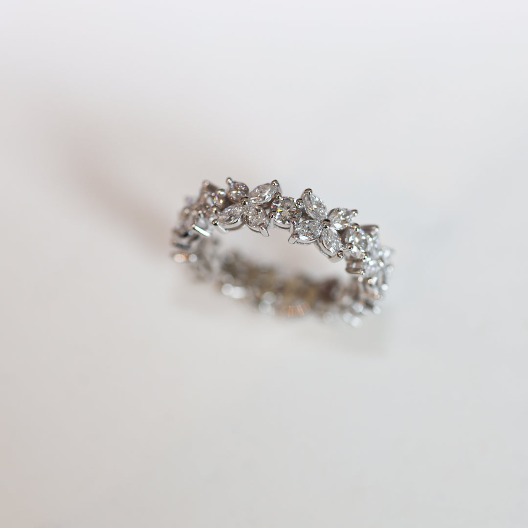 Flower Marquise & Round Diamond Full Half Eternity Engagement Ring Wedding Band 14K Solid Gold