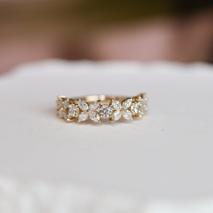 Flower Marquise & Round Diamond Full Half Eternity Engagement Ring Wedding Band 14K Solid Gold