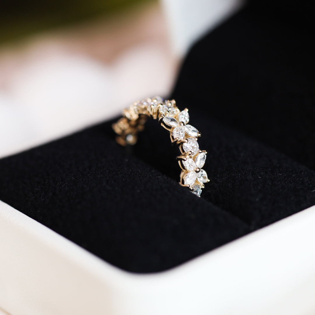 Flower Marquise & Round Diamond Full Half Eternity Engagement Ring Wedding Band 14K Solid Gold