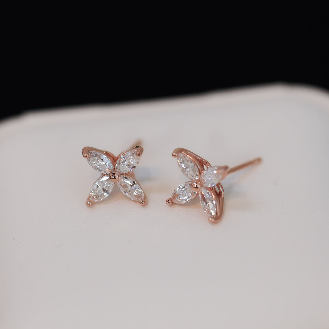 Marquise Cut 4 Diamonds Petal Flower 14K Solid Gold Earrings Studs - Medium / Large