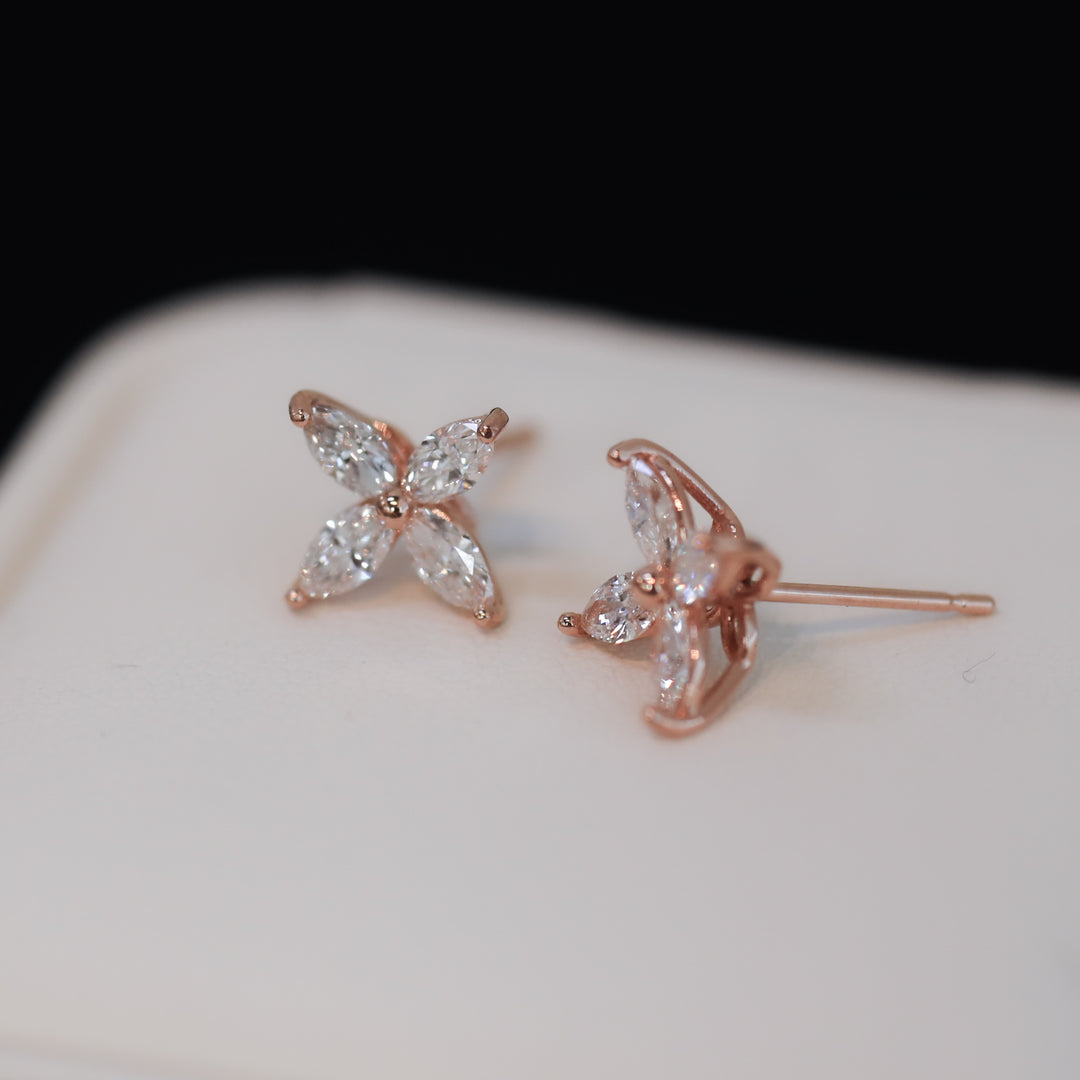 Marquise Cut 4 Diamonds Petal Flower 14K Solid Gold Earrings Studs - Medium / Large