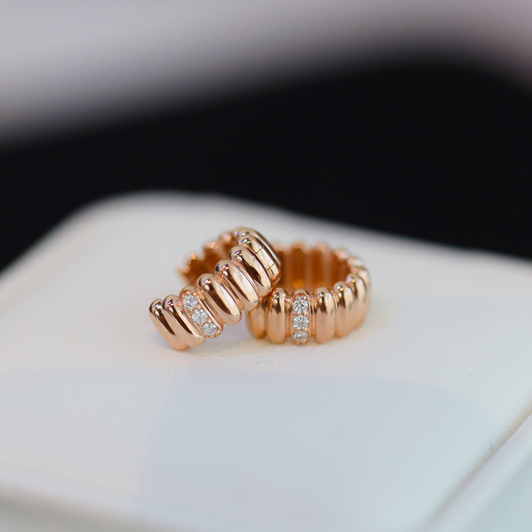 Fluted Ribbed Textured Hoop Earrings with Three Diamonds