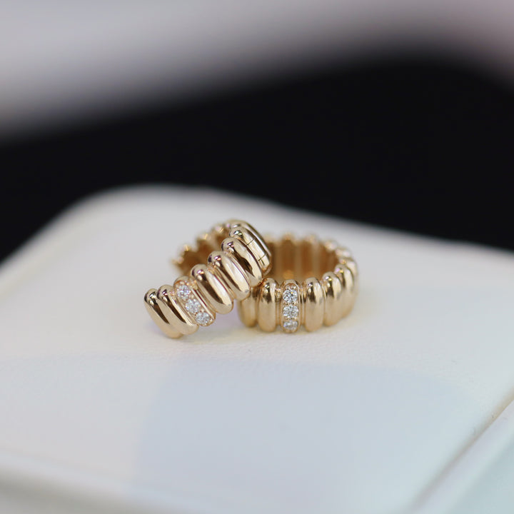 Fluted Ribbed Textured Hoop Earrings with Three Diamonds