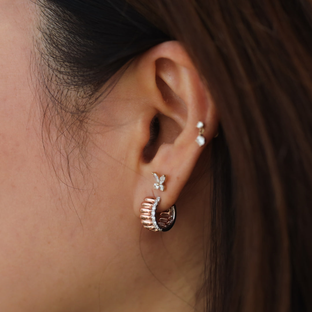 Fluted Ribbed Textured Hoop Earrings with 1.5mm Diamond Band