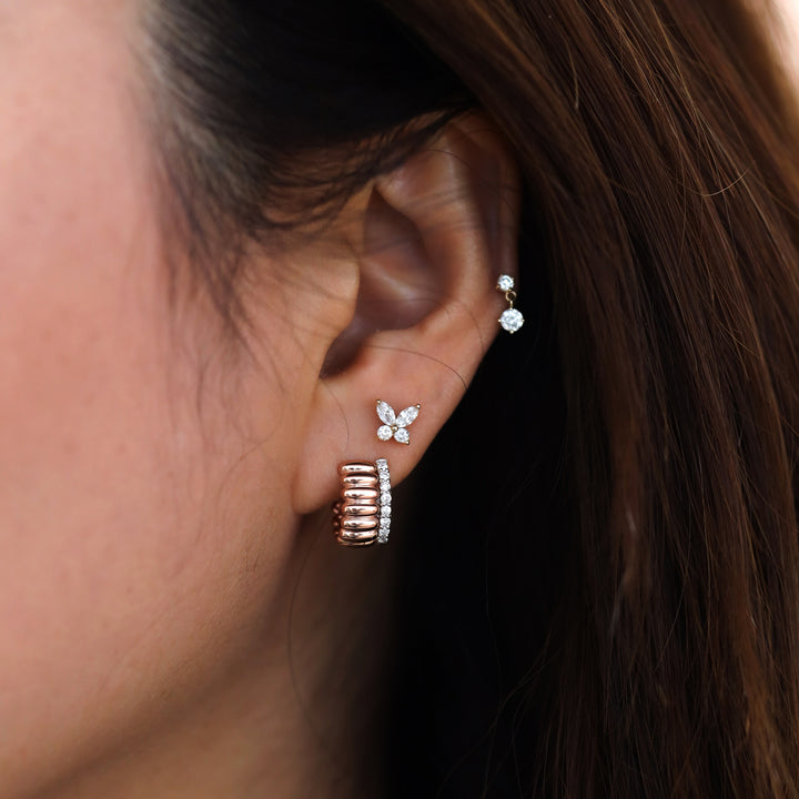 Fluted Ribbed Textured Hoop Earrings with 1.5mm Diamond Band