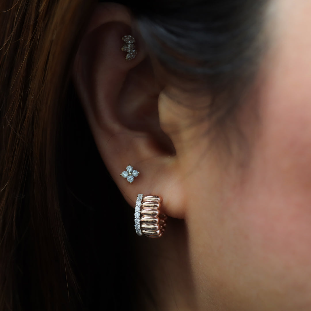 Fluted Ribbed Textured Hoop Earrings with 1.5mm Diamond Band