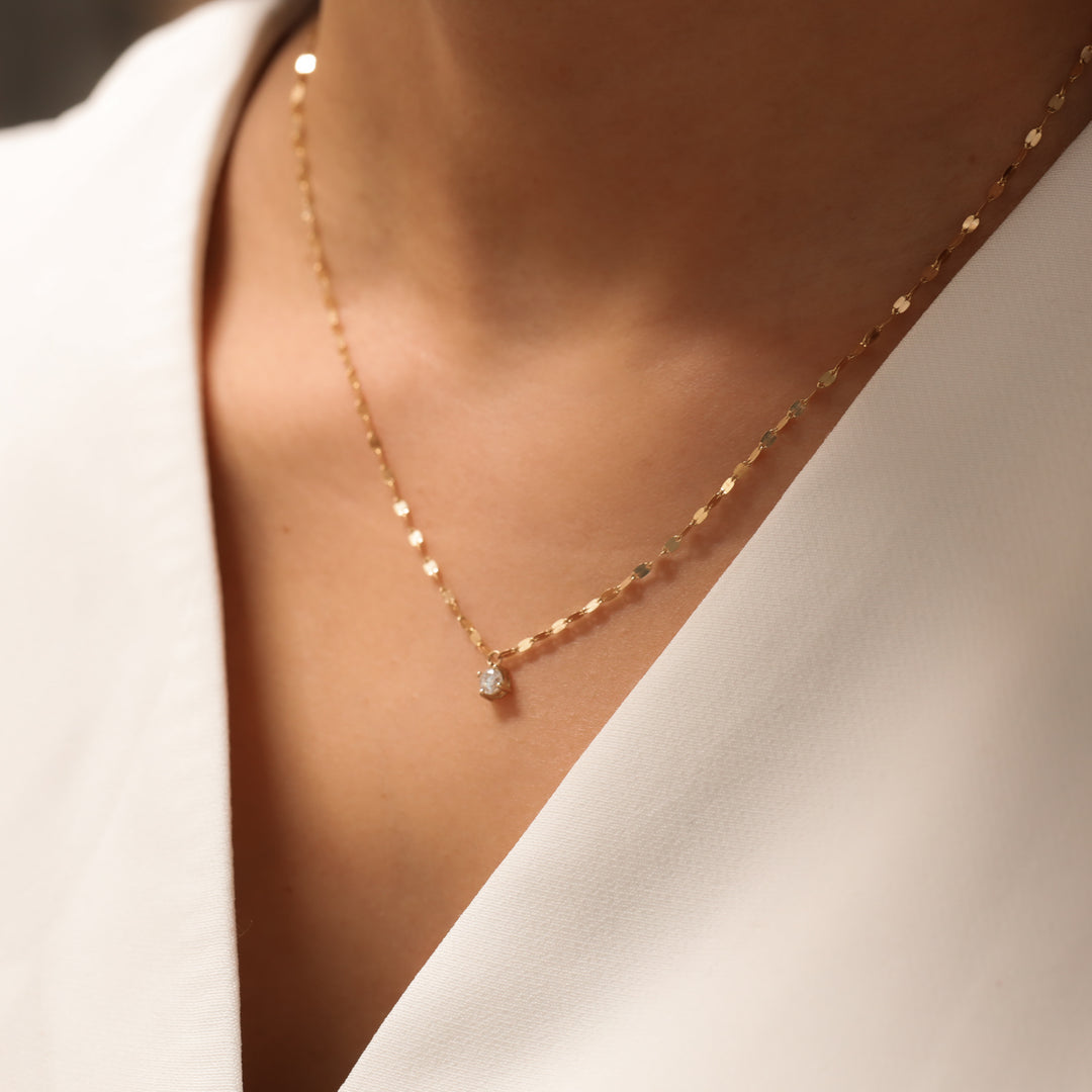 14K Solid Gold glitter mirror Necklace with lab diamond pendant