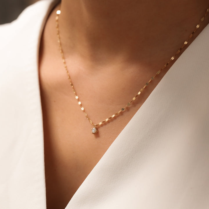 14K Solid Gold glitter mirror Necklace with lab diamond pendant