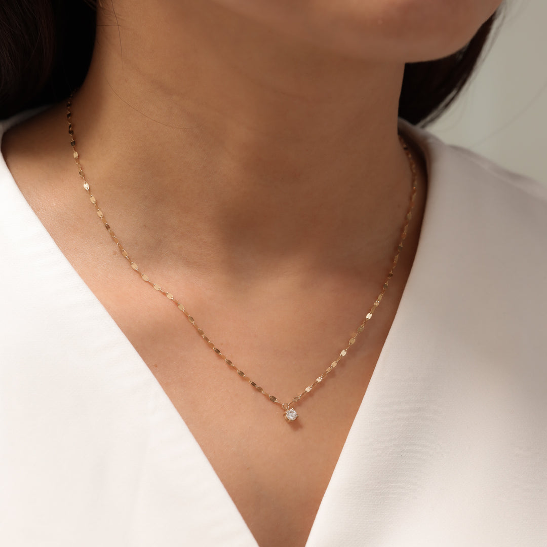14K Solid Gold glitter mirror Necklace with lab diamond pendant