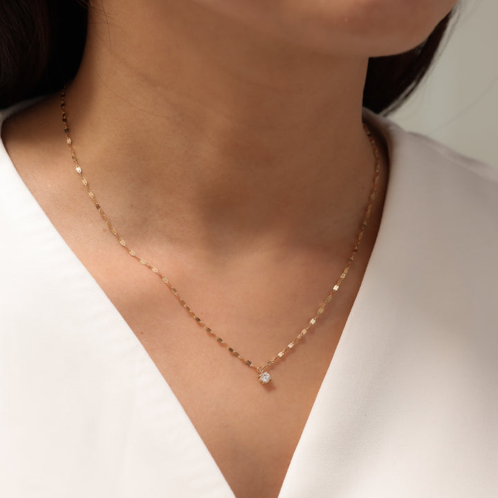 14K Solid Gold glitter mirror Necklace with lab diamond pendant