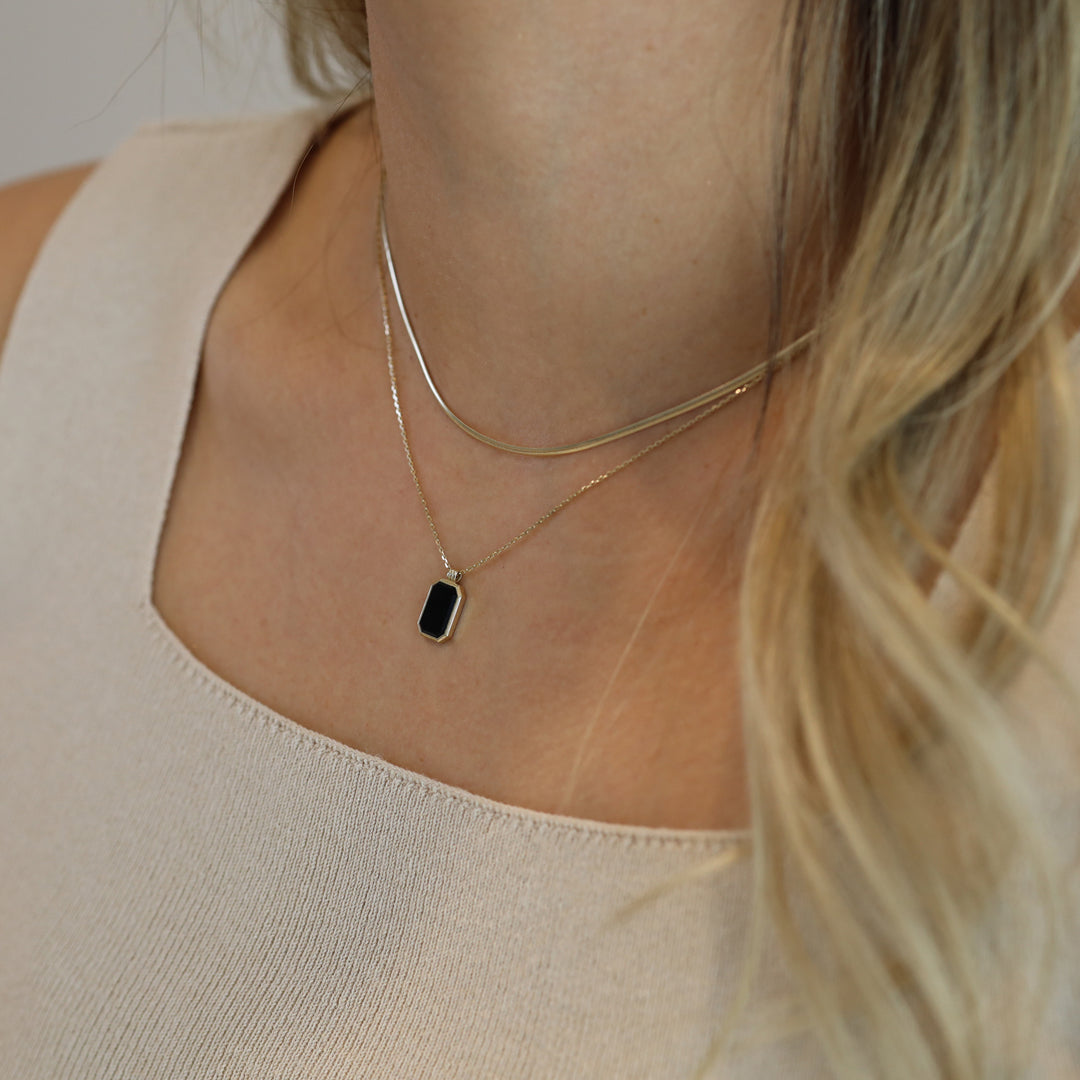 Gold Natural Black Onyx Pendant Necklace - Engravable Back