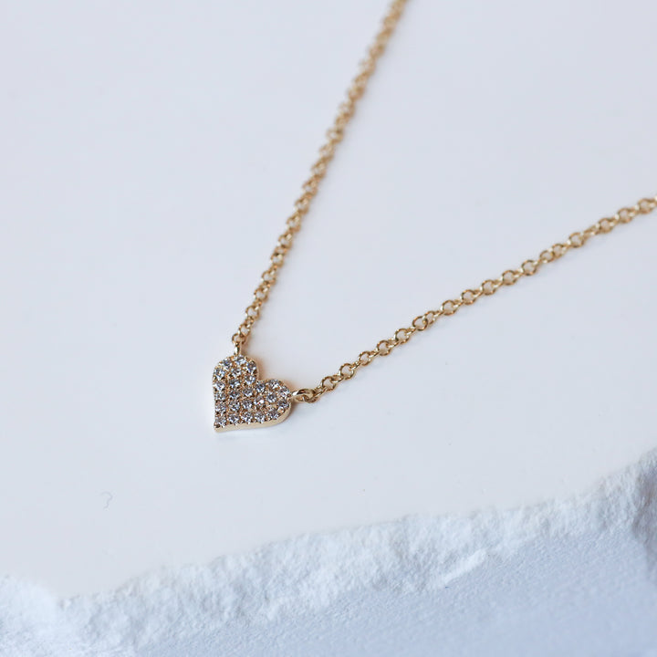 Small Diamond Heart Charm Necklace – 14K Solid Gold Pavé Love Pendant