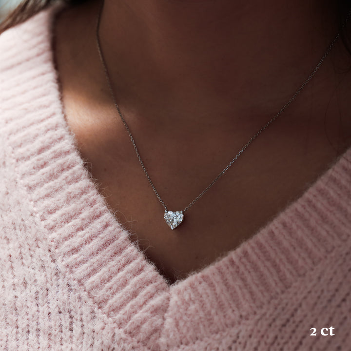 Heart Cut Pendant 3 Prong Lab Diamond Solitaire Necklace on 14K Solid Gold Chain (1 ct. - 3 ct.)