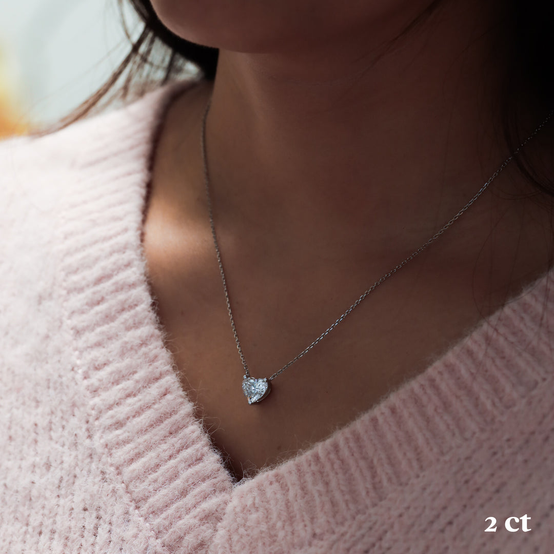Heart Cut Pendant 3 Prong Lab Diamond Solitaire Necklace on 14K Solid Gold Chain (1 ct. - 3 ct.)