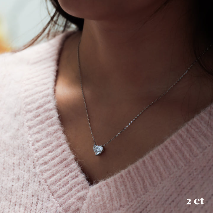 Heart Cut Pendant 3 Prong Lab Diamond Solitaire Necklace on 14K Solid Gold Chain (1 ct. - 3 ct.)