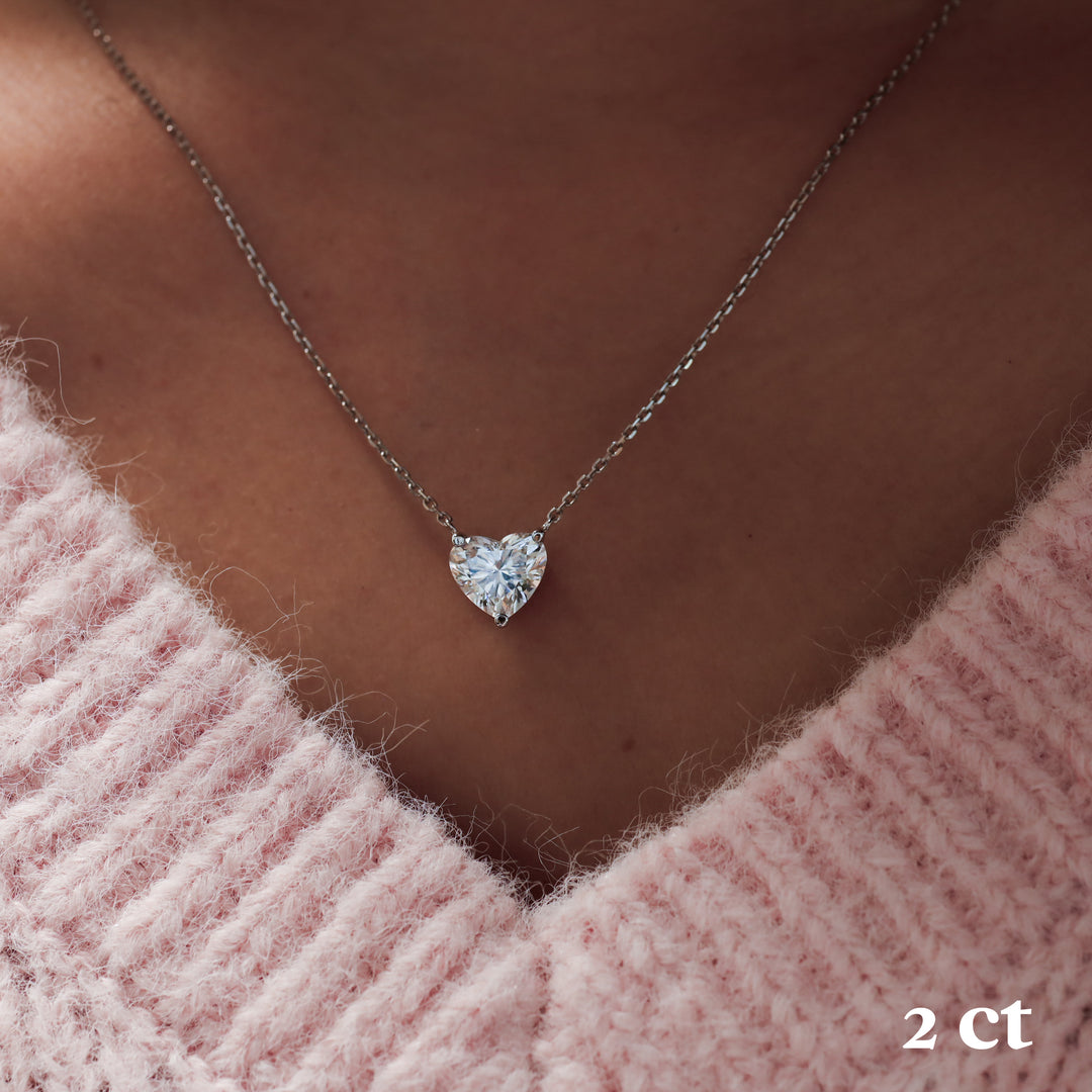 Heart Cut Pendant 3 Prong Lab Diamond Solitaire Necklace on 14K Solid Gold Chain (1 ct. - 3 ct.)