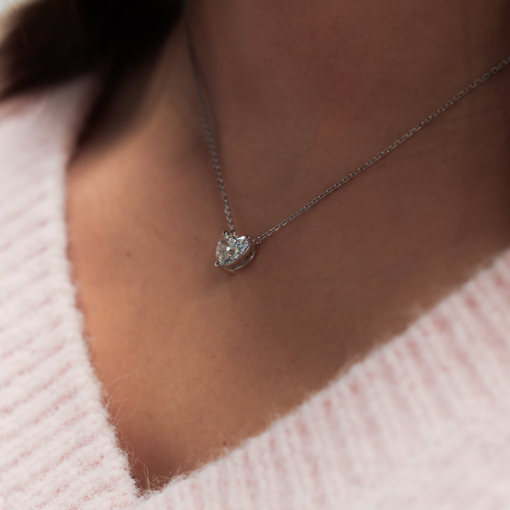 Heart Cut Pendant 3 Prong Lab Diamond Solitaire Necklace on 14K Solid Gold Chain (1 ct. - 3 ct.)