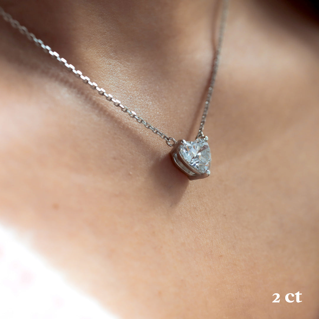 Heart Cut Pendant 3 Prong Lab Diamond Solitaire Necklace on 14K Solid Gold Chain (1 ct. - 3 ct.)