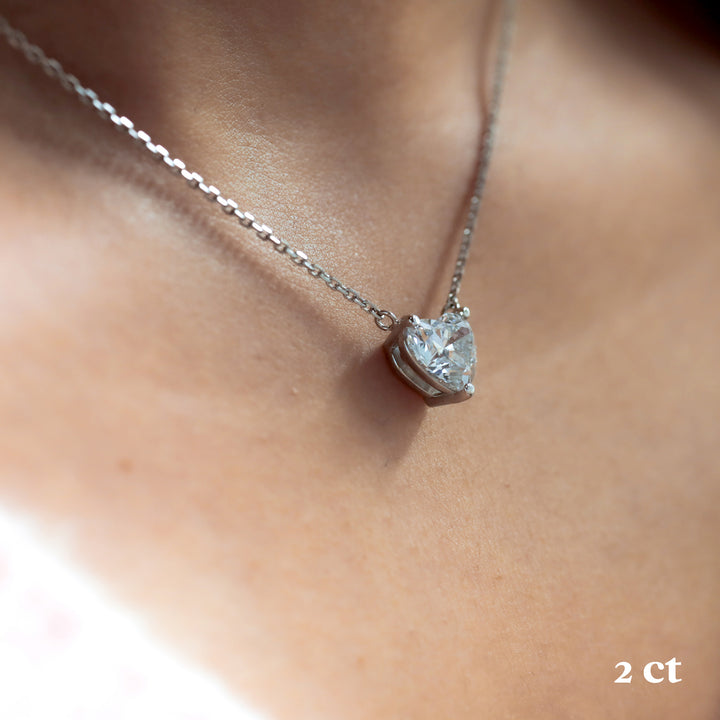Heart Cut Pendant 3 Prong Lab Diamond Solitaire Necklace on 14K Solid Gold Chain (1 ct. - 3 ct.)