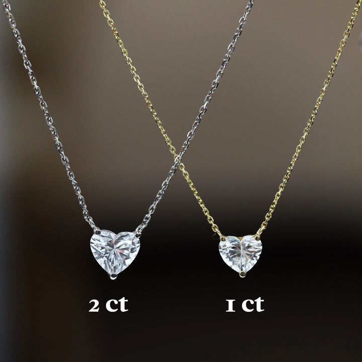 Heart Cut Pendant 3 Prong Lab Diamond Solitaire Necklace on 14K Solid Gold Chain (1 ct. - 3 ct.)